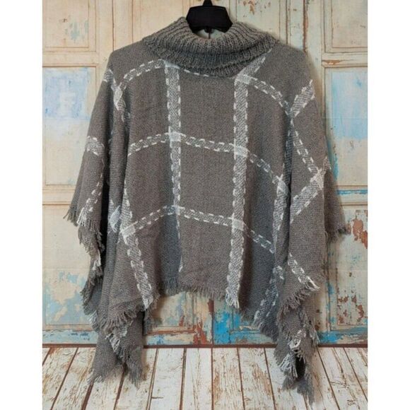 Laundry By Design Womens O/S Grey Combo Poncho Plaid Pure Acrylic Fringe Shawl - Picture 2 of 7